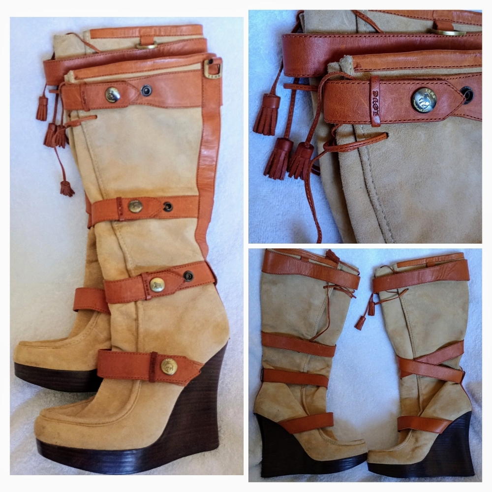 L.a.m.b. Knee high leather wedge heeled boots